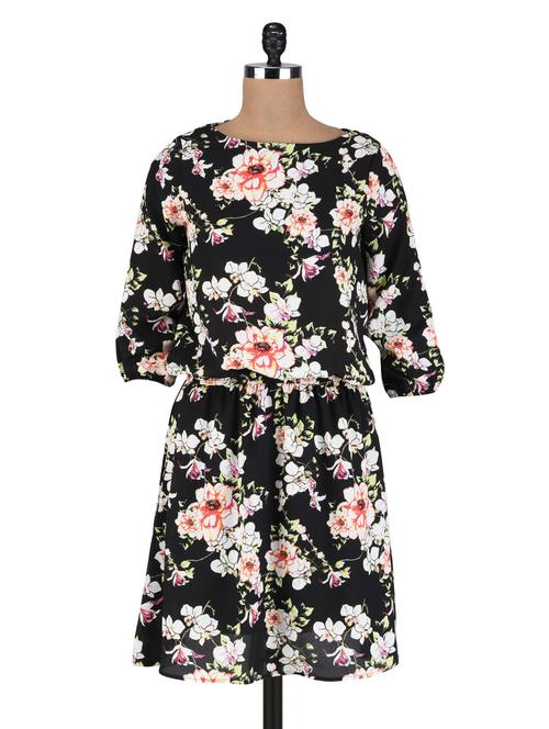 black polycrepe floral print dress - 1304741 - Very Small Image - 1