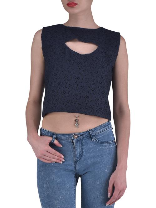solid navy blue net lace crop top - 1306721 - Very Small Image - 1