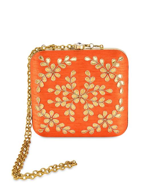 orange floral and foliage gota patti silk clutch - 1307591 - Very Small Image - 1