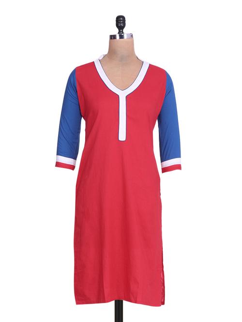 red cotton color-blocked kurta - 1307707 - Very Small Image - 1