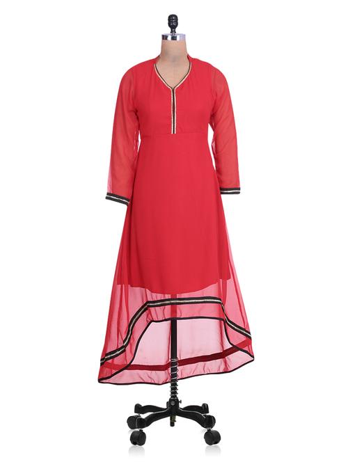 red color, georgette hi- low kurta - 1307771 - Very Small Image - 1
