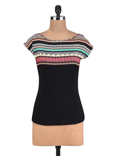 black poly crepe and cotton printed top - 1307819 - Very Small Image - 1