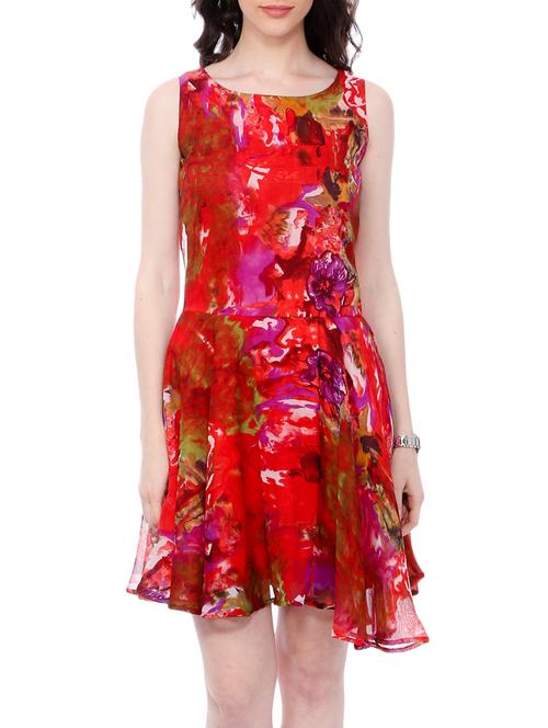 red printed georgette skater dress - 13092601 - Very Small Image - 1