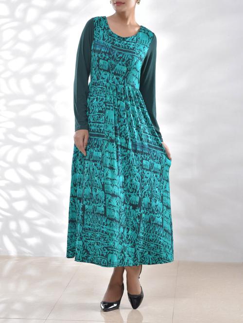 teal blue printed viscose lycra jersey dress - 1309538 - Very Small Image - 1