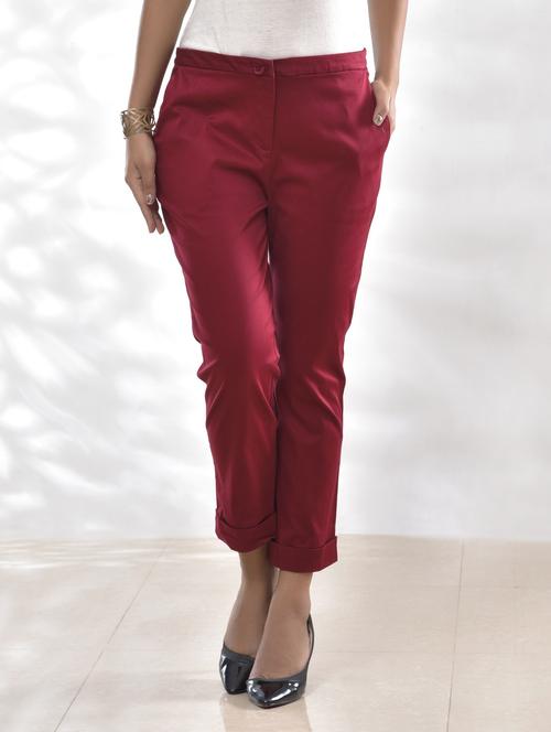 solid maroon cotton satin lycra trousers - 1309579 - Very Small Image - 1
