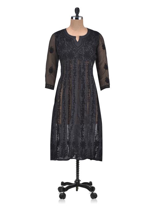 Black Georgette Cotton Kurta - 1310317 - Very Small Image - 1