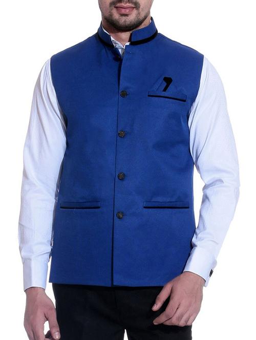 solid royal blue cotton nehru jacket - 13106679 - Very Small Image - 1