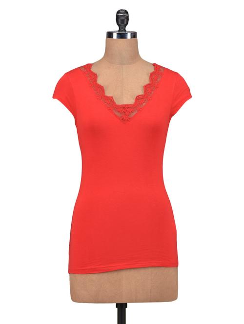 red color polyknit solid short sleeved top - 1311806 - Very Small Image - 1