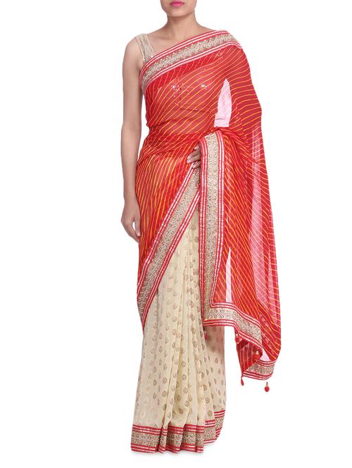 orange and cream lehariya saree with lace border - 1314357 - Very Small Image - 1