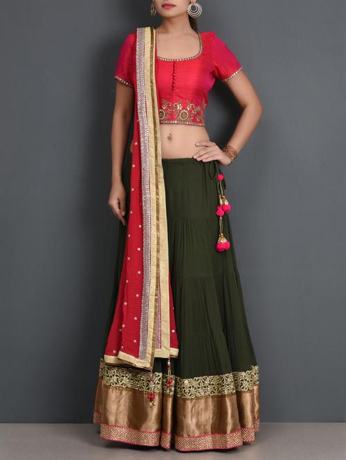 hand embroidered fuchsia and dark green lehenga set - 1316607 - Very Small Image - 1