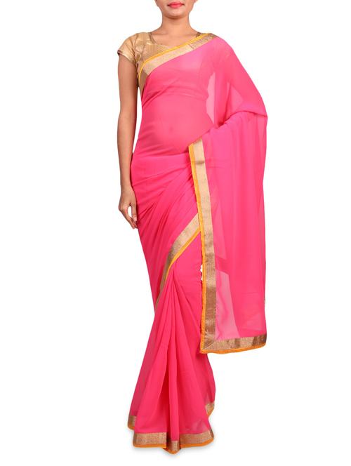 pink chiffon sari with gold border - 1317998 - Very Small Image - 1