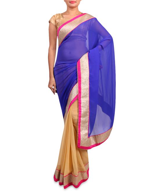 blue and cream chiffon half and half sari - 1318005 - Very Small Image - 1