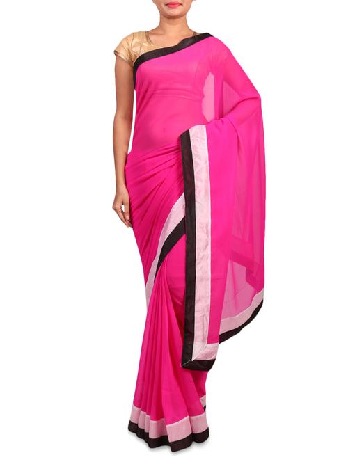 pink chiffon sari with black and white border with blouse - 1318008 - Very Small Image - 1