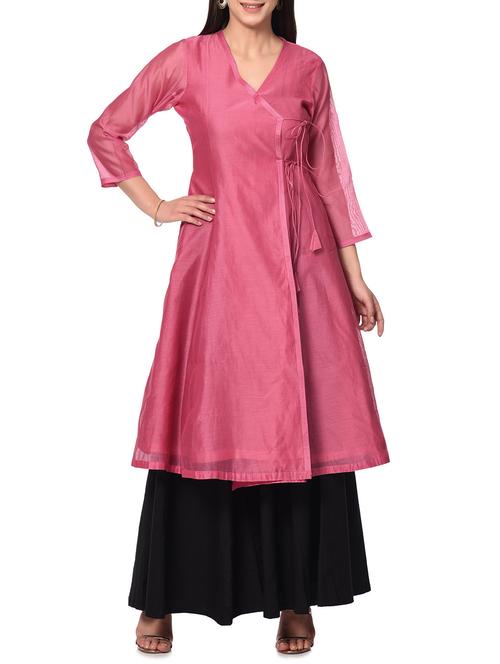 pink chanderi angrakha kurta - 13185695 - Very Small Image - 1