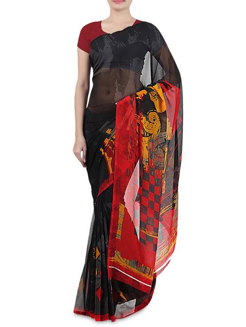 black faux georgette printed saree with blouse - 1320814 - Very Small Image - 1