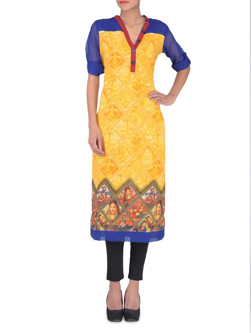 blue and yellow georgette printed kurti - 1323904 - Very Small Image - 1