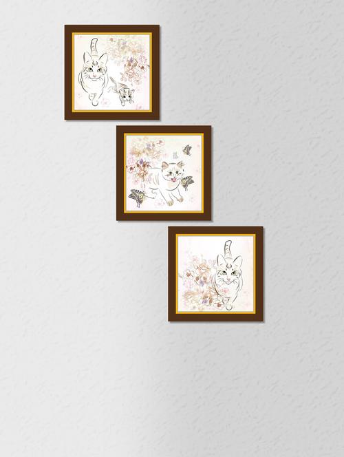 multicolored synthetic wood and paper cat printed wall painting with frame - 1325849 - Very Small Image - 1