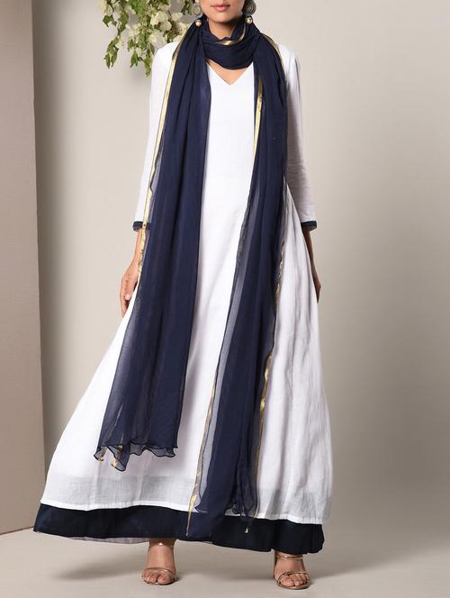 chiffon plain blue dupatta with gold border - 13266606 - Very Small Image - 1