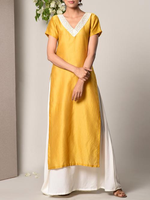 Mustard cotton blend layered A-line kurta - 13266864 - Very Small Image - 1