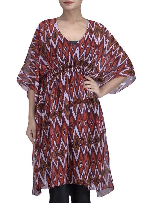 white and maroon printed poly georgette kaftan kurta - 1327055 - Very Small Image - 1