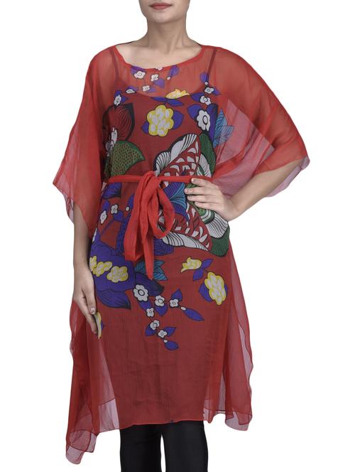 red floral printed poly georgette kaftan kurta - 1327063 - Very Small Image - 1