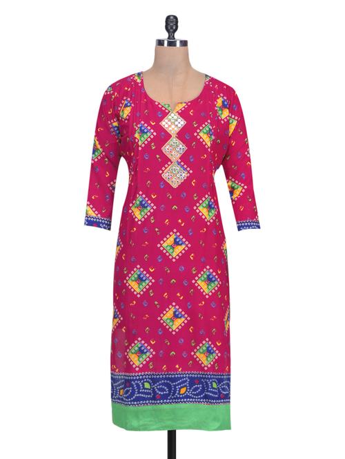 pink bandhni print cotton kurta - 1327780 - Very Small Image - 1