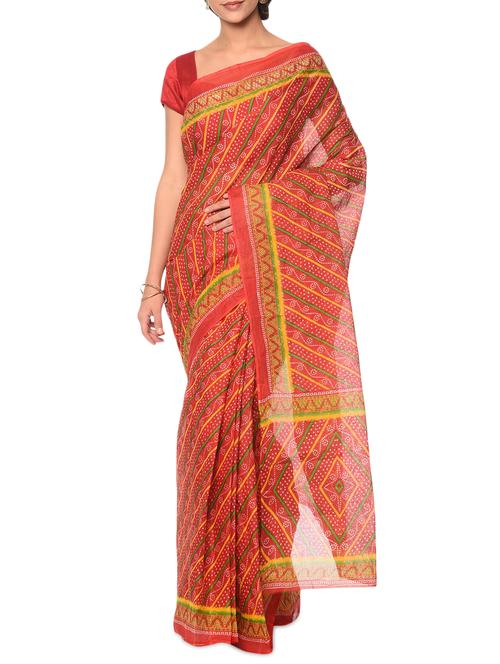 red cotton bandhani saree with blouse - 13283261 - Very Small Image - 1