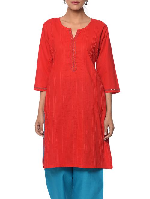 red cotton straight kurta - 13283782 - Very Small Image - 1