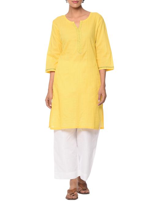 yellow cotton straight kurta - 13283783 - Very Small Image - 1
