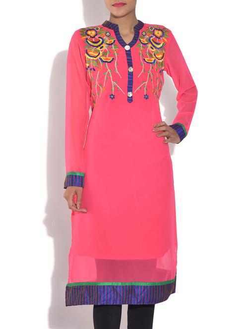 pink georgette embroidered three quarter sleeves kurta - 1329373 - Very Small Image - 1