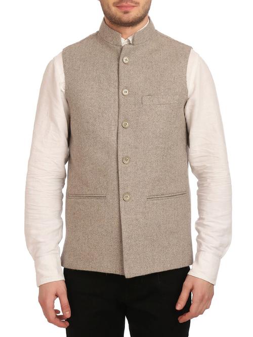beige polyester nehru jacket - 13297126 - Very Small Image - 1
