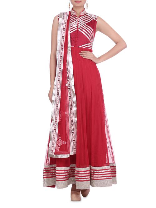 maroon and silver net cotton semi stitched suit set - 1329898 - Very Small Image - 1
