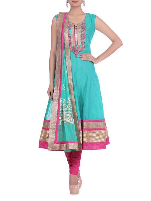 green and pink chanderi embroidered stitched suit set - 1329904 - Very Small Image - 1