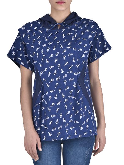 blue poly crepe printed hooded top - 1334170 - Very Small Image - 1