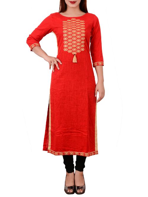 red cotton straight kurta - 13368348 - Very Small Image - 1