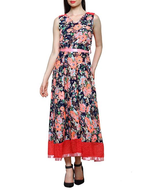 navy blue floral printed poly georgette maxi dress - 13418641 - Very Small Image - 1