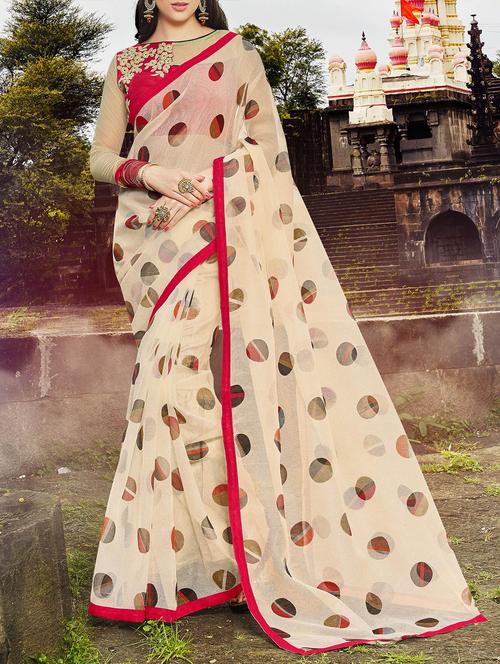 beige net polka dots printed saree - 13437629 - Very Small Image - 1