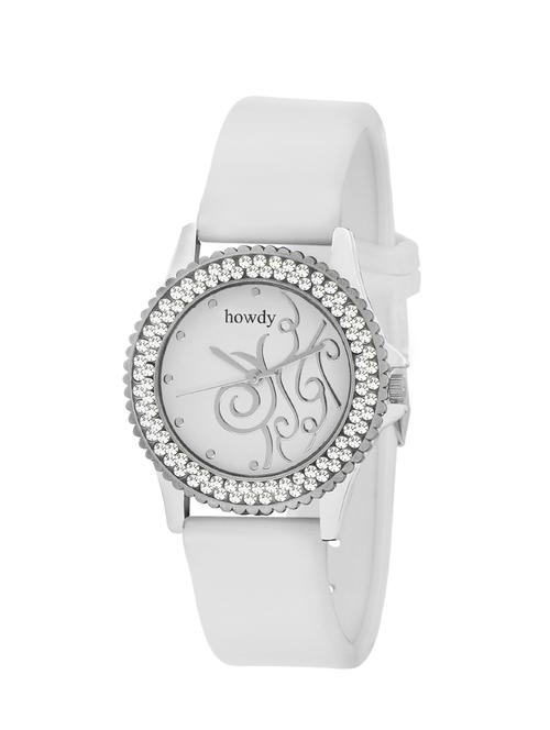 Howdy Crystal Studded White Dial Analog Watch With White Silicone Strap - 13455315 - Very Small Image - 1