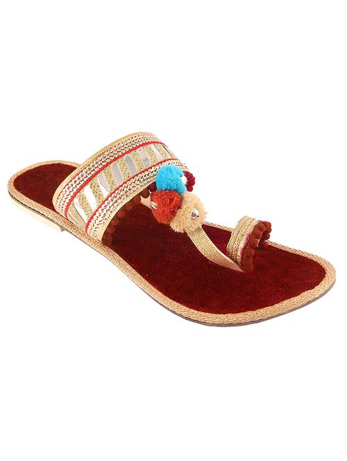 maroon pomp poms one toe kolhapuri - 13481818 - Very Small Image - 1