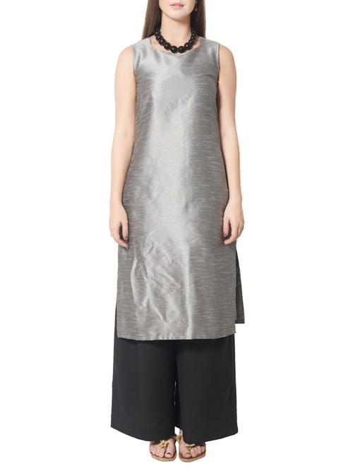 grey art silk straight kurta - 13600195 - Very Small Image - 1