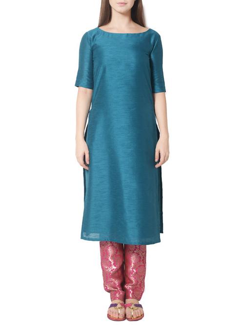 blue art silk straight kurta - 13600197 - Very Small Image - 1