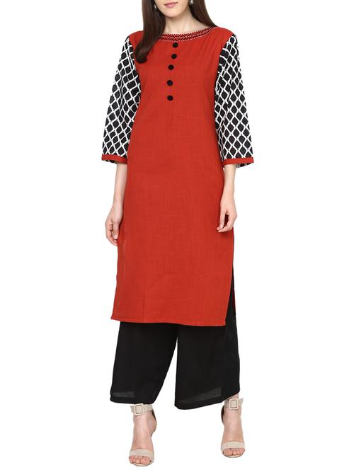 red cotton straight kurta - 13648157 - Very Small Image - 1