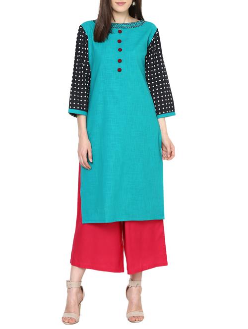 turquoise cotton straight kurta - 13648158 - Very Small Image - 1