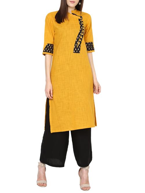 mustard cotton straight kurta - 13648175 - Very Small Image - 1