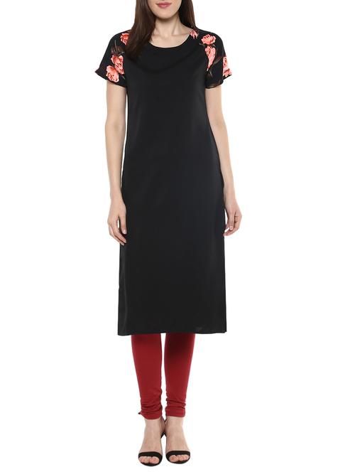 black poly crepe straight kurta - 13653307 - Very Small Image - 1