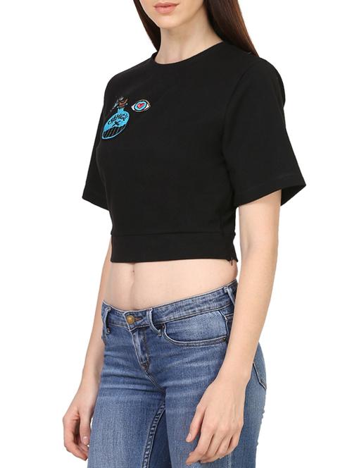 black crop tee with open back and embroidery patch detail - 13672304 - Very Small Image - 1