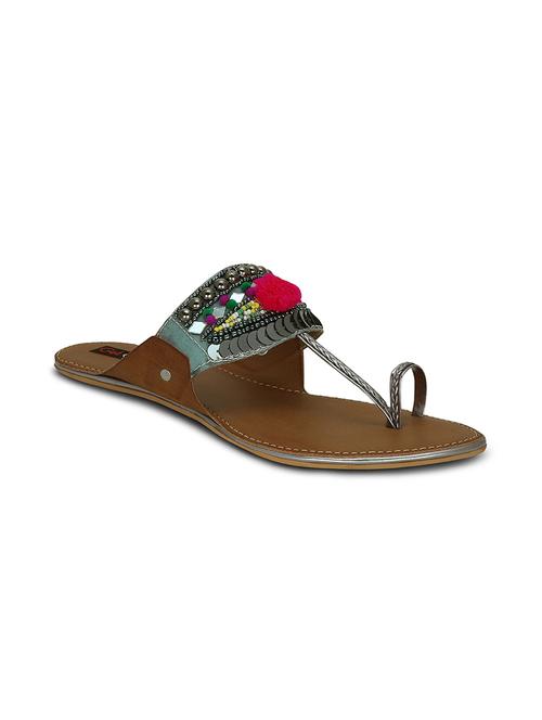 grey pom pom one toe kolhapuri - 13686723 - Very Small Image - 1
