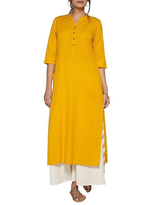 yellow cotton solid long kurta - 13694916 - Very Small Image - 1