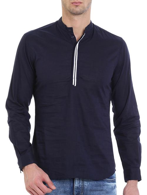 solid navy blue cotton kurta - 13710911 - Very Small Image - 1