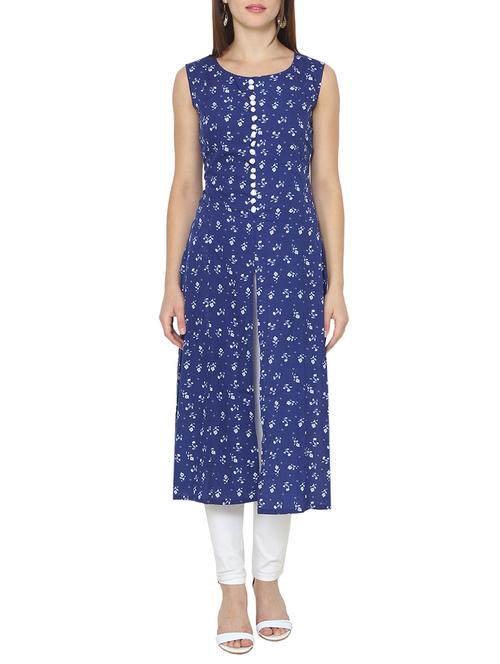 blue poly crepe printed high slit kurta - 13711847 - Very Small Image - 1